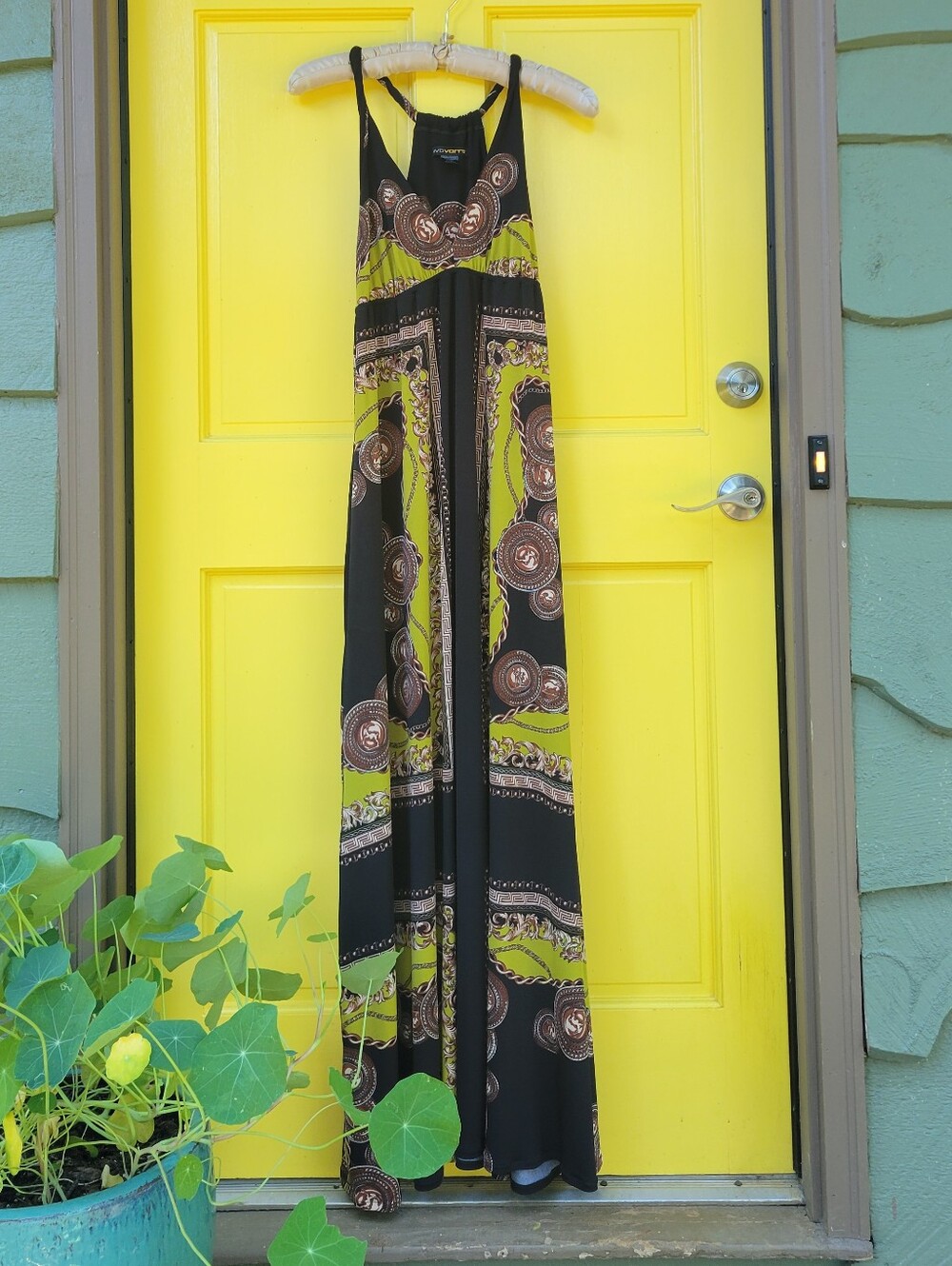 EVOVORRO Halter Maxi Dress Small Pockets Greek Key Chain Print Empire Waist